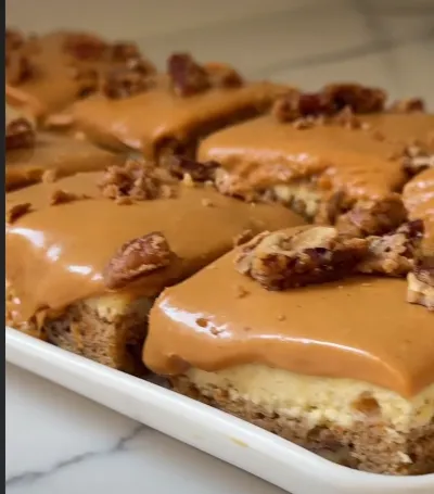 Carrot Cake Cheesecake Bars with Whipped Caramel and Toffee Walnuts